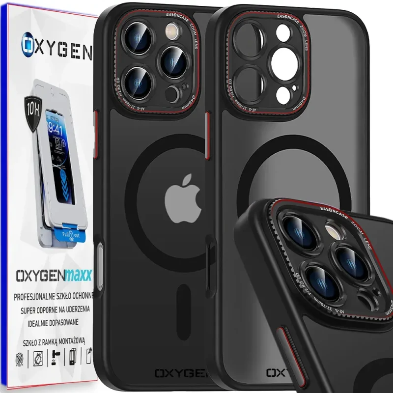 Etui na telefon pokrowiec OXYGEN mocny MAGSafe Czarne do Apple iPhone 16 PRO + Super Szkło Hartowane.webp