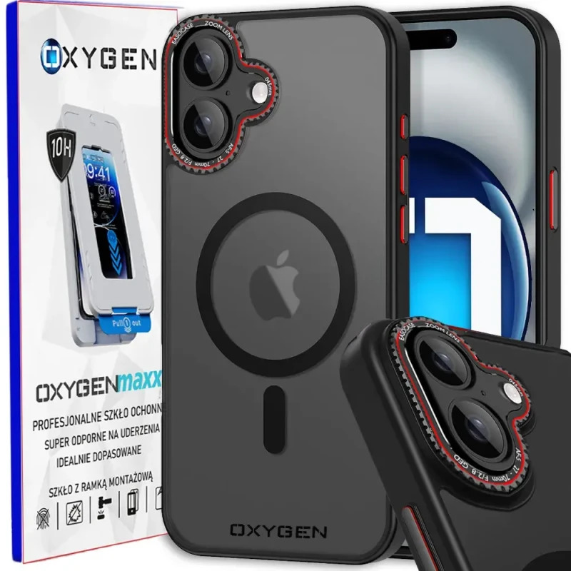 Etui na telefon pokrowiec OXYGEN mocny MAGSafe Czarne do Apple iPhone 16 PLUS + Super Szkło Hartowane.webp