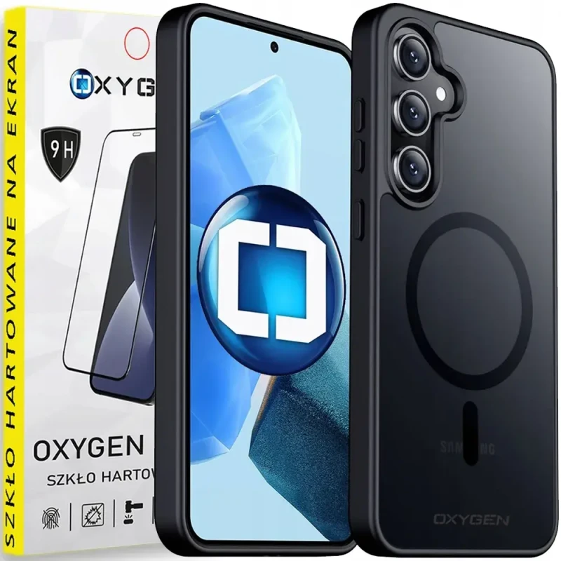 Etui na telefon pokrowiec OXYGEN mocny MAGSafe Czarne do Samsung Galaxy S24 + Szkło Hartowane PREMIUM.webp