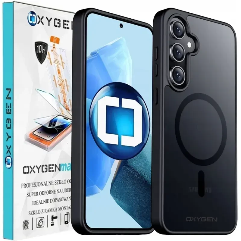 Etui na telefon pokrowiec OXYGEN mocny MAGSafe Czarne do Samsung Galaxy S25 + Szkło Hartowane z Ramką Montażową.webp