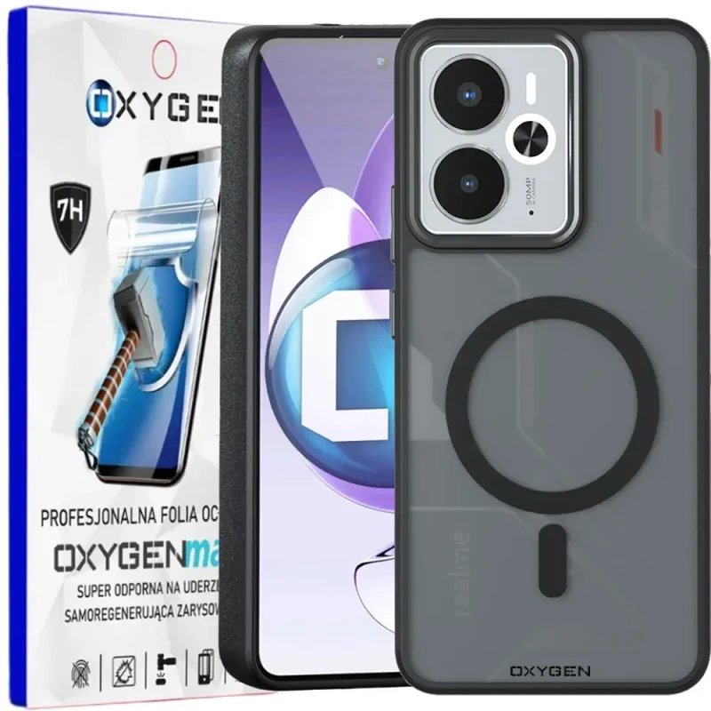 Etui do telefonu Realme 14T 5G Czarne Oxygen MAGSafe + Super Folia.webp