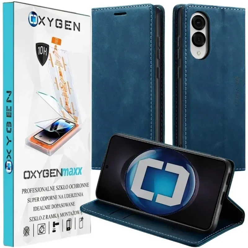 Etui do telefonu Samsung Galaxy S25 Edge Niebieskie Oxygen BooK + Szkło Hartowane Z Ramką Montażową.webp