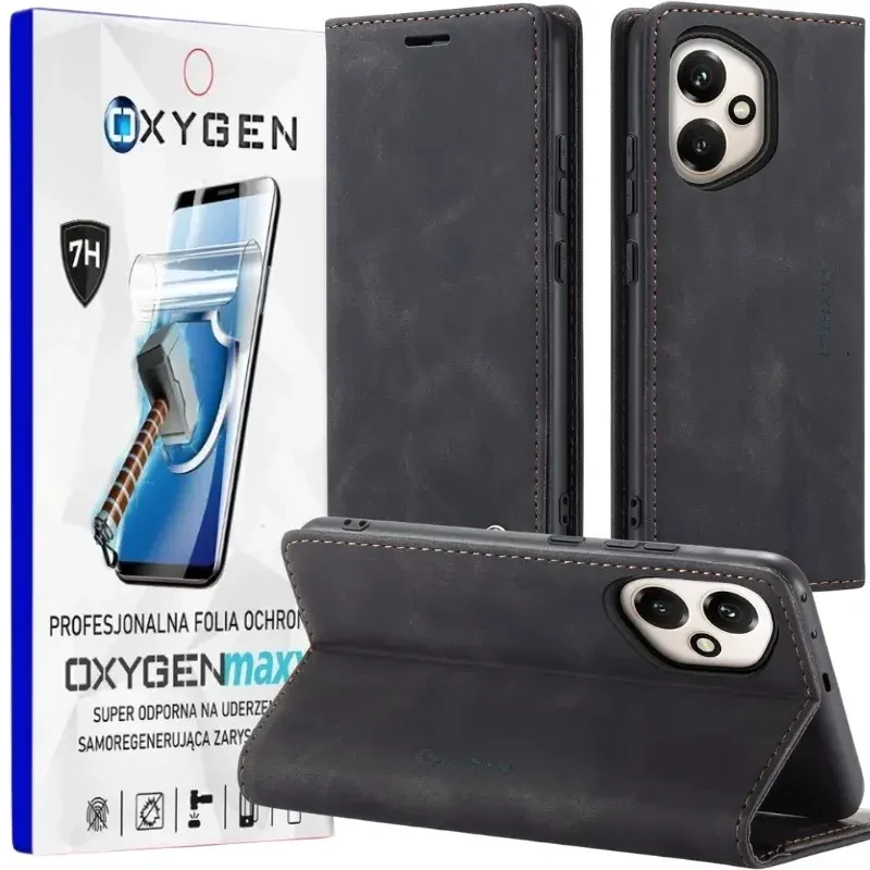 Etui na telefon Honor 400 5G Czarne Oxygen BooK + Super Folia.webp