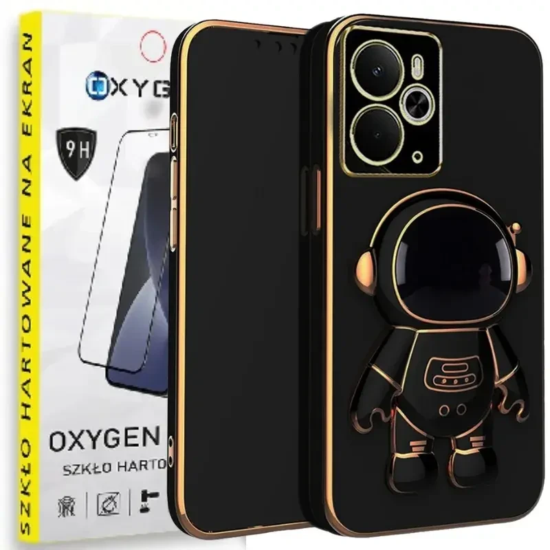 Etui na telefon Realme 14T 5G Czarne Oxygen + Uchwyt Astro + Szkło Hartowane 9H.webp