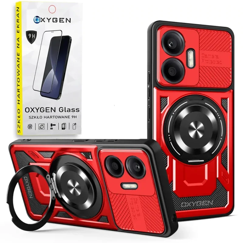Etui na telefon Xiaomi POCO F7 Czerwone Oxygen RR MAGSafe + Szkło Hartowane 9H.webp