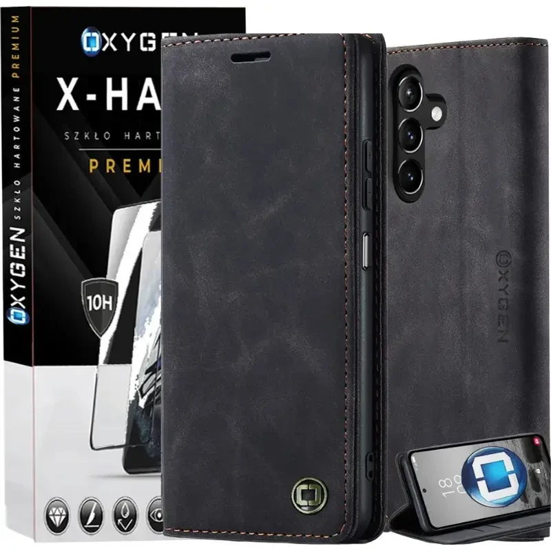 Etui na telefon Samsung Galaxy S25 FE Czarne Oxygen BooK + Szkło Hartowane X-HARD