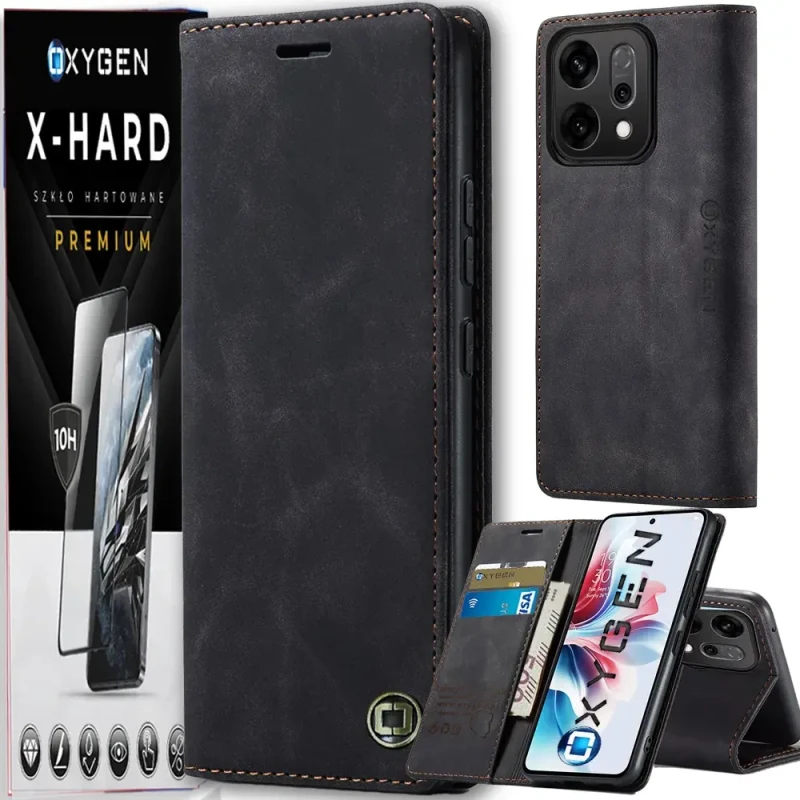 Etui na telefon Oppo Reno14 5G Czarne Oxygen BooK + Szkło Hartowane X-HARD