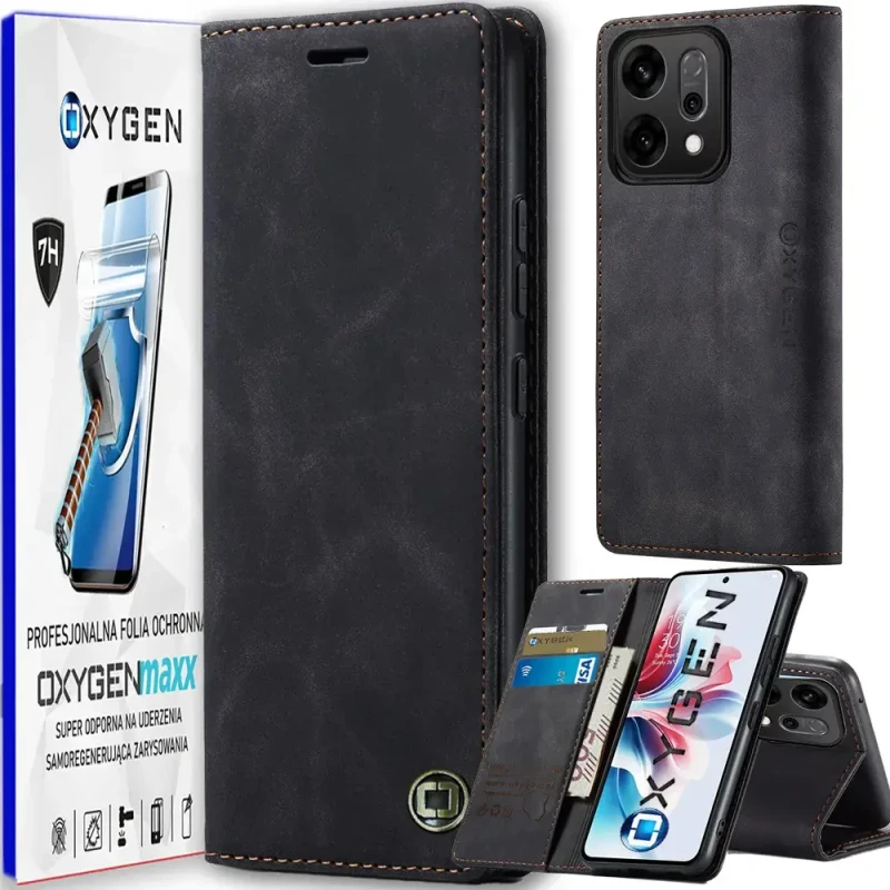 Etui na telefon Oppo Reno14 PRO Czarne Oxygen BooK + Super Folia