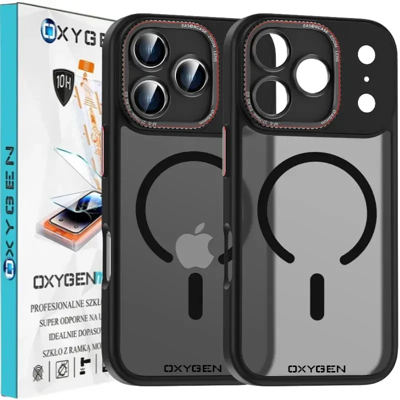 Etui na telefon Apple iPhone 17 PRO Czarne Oxygen REDLINE MAGSafe + Szkło Hartowane Z Ramką Montażową