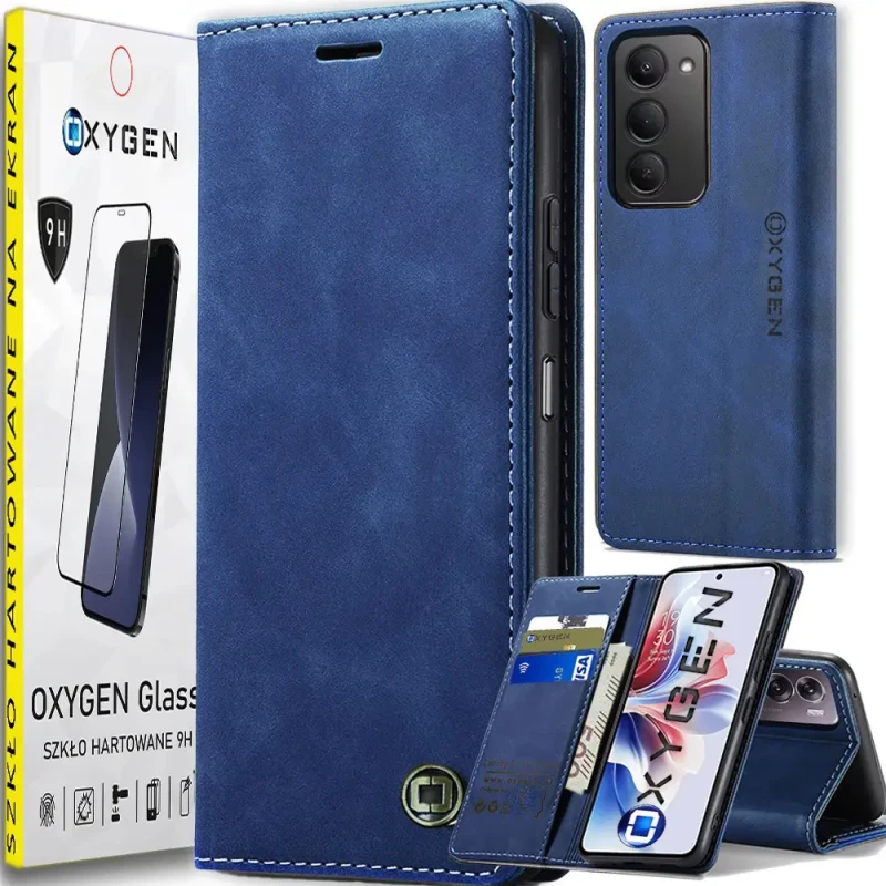 Etui na telefon Xiaomi Redmi 15 Niebieskie Oxygen BooK + Szkło Hartowane 9H