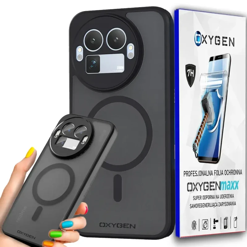 Etui na telefon Realme GT 8 PRO Czarne Oxygen MAGSafe + Super Folia