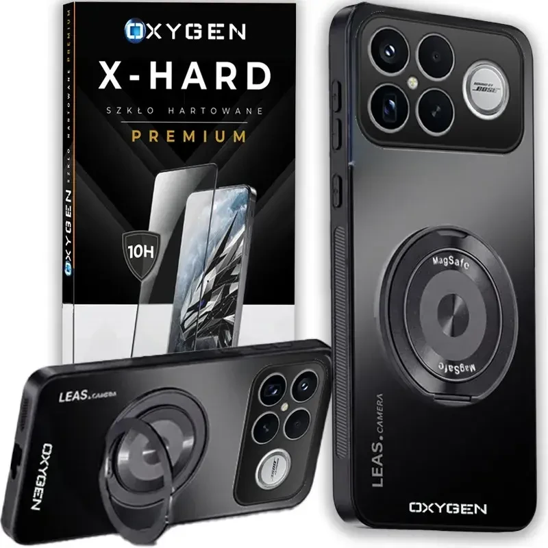 Etui na telefon  Xiaomi Poco F8 Ultra Czarne Oxygen LeaS MAGSafe + Szkło Hartowane X-HARD