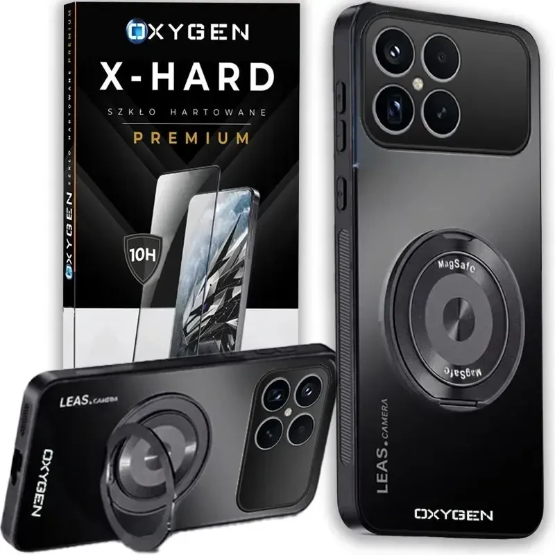 Etui na telefon  Xiaomi Poco F8 PRO Czarne Oxygen LeaS MAGSafe + Szkło Hartowane X-HARD
