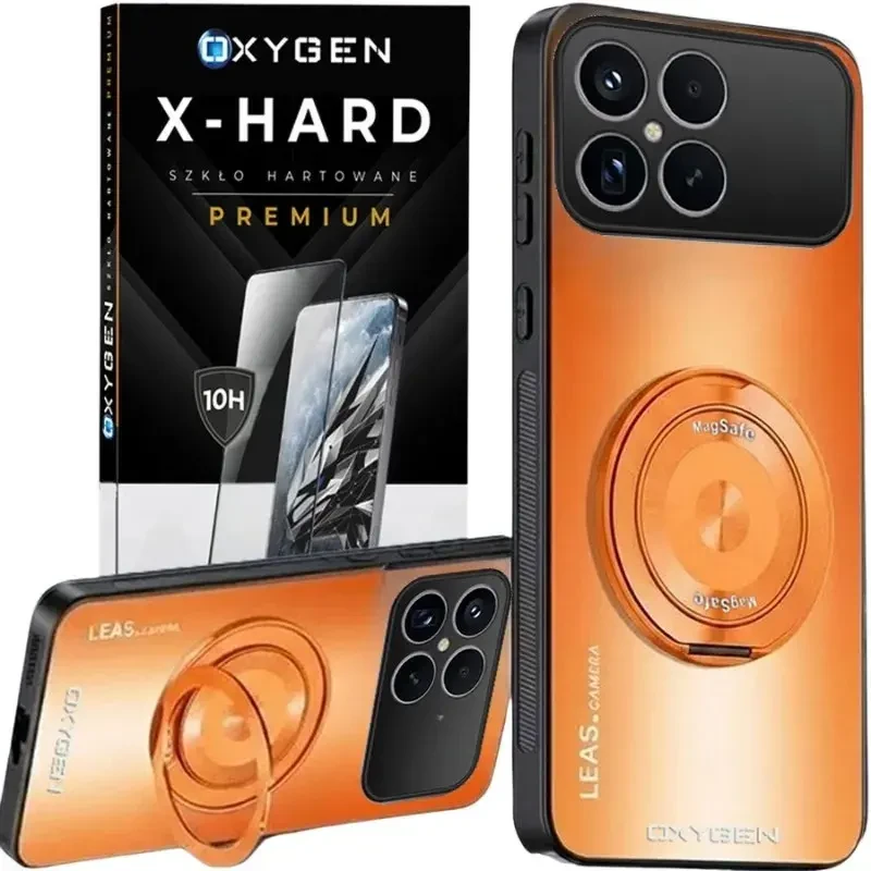 Etui na telefon  Xiaomi Poco F8 PRO Pomarańczowe Oxygen LeaS MAGSafe + Szkło Hartowane X-HARD