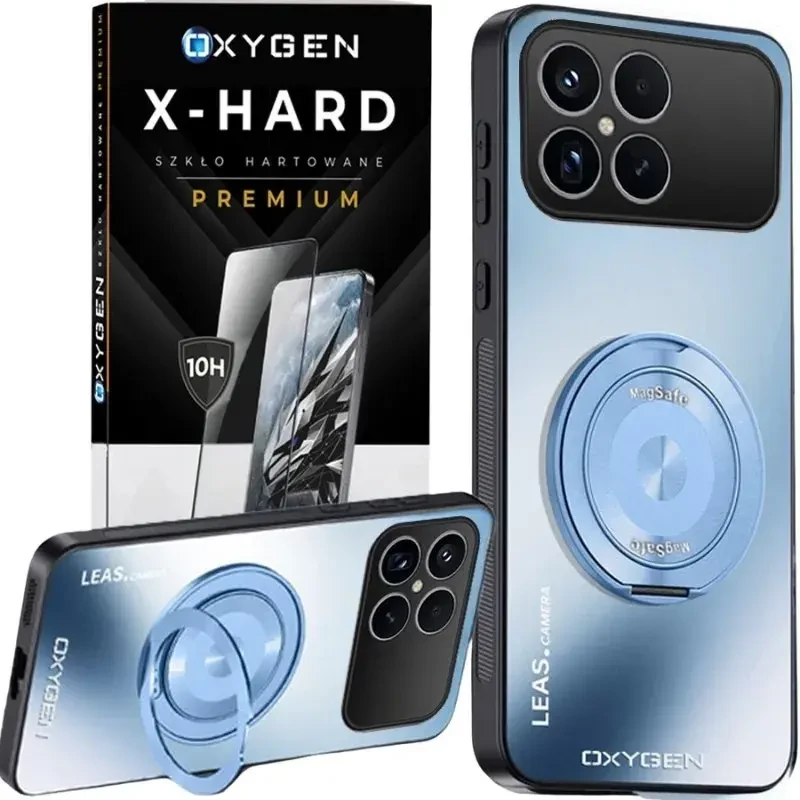 Etui na telefon  Xiaomi Poco F8 PRO Niebieskie Oxygen LeaS MAGSafe + Szkło Hartowane X-HARD