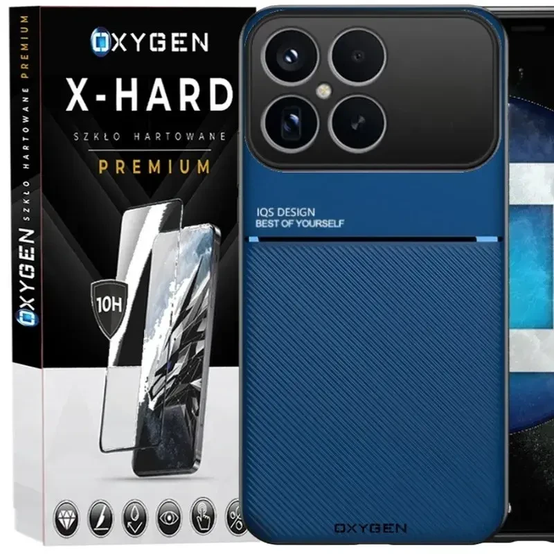 Etui na telefon Xiaomi Poco F8 Pro Niebieskie Oxygen IQS + Szkło Hartowane X-HARD