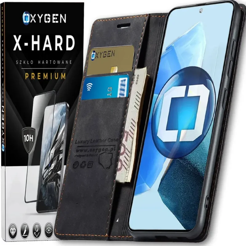 Etui na telefon Xiaomi Poco F8 Ultra Czarne Oxygen BooK + Szkło Hartowane X-HARD.webp