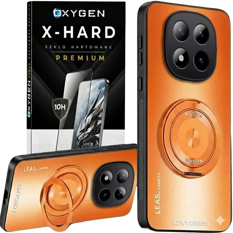 Etui na telefon Xiaomi Poco M8 Pro 5G Pomarańczowe Oxygen LeaS MAGSafe  + Szkło Hartowane X-HARD
