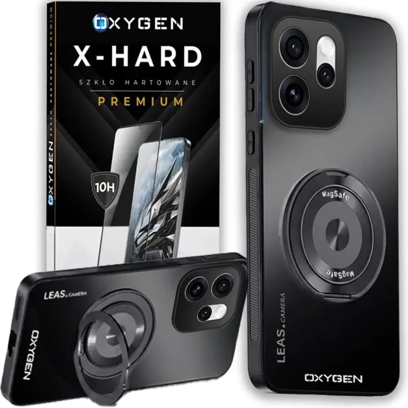 Etui na telefon Oppo Reno15 Pro Max Czarne Oxygen LeaS MAGSafe  + Szkło Hartowane X-HARD
