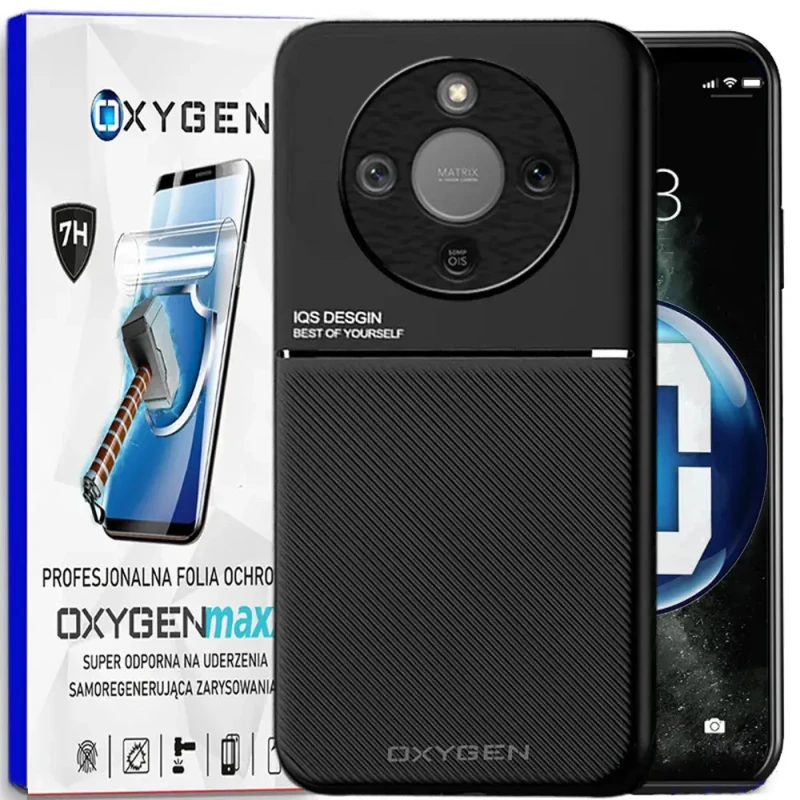 Etui na telefon Honor Magic8 Lite Czarne Oxygen IQS + Super Folia