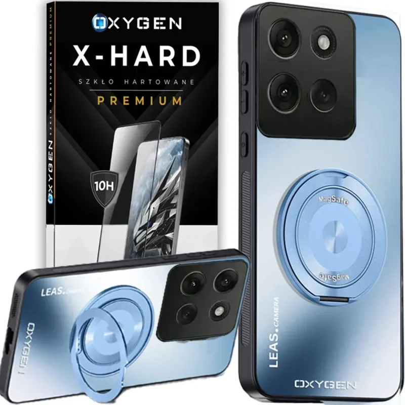 Etui na telefon Motorola Edge 50 Neo Niebieskie Oxygen LeaS MAGSafe + Szkło Hartowane X-HARD