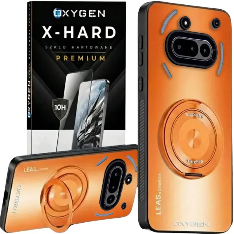 Etui na telefon Nothing Phone 3A Pomarańczowe Oxygen LeaS MAGSafe + Szkło Hartowane X-HARD