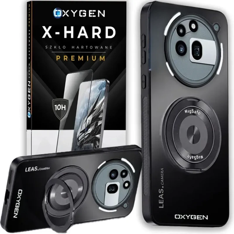 Etui na telefon Nothing Phone 3A Pro Czarne Oxygen LeaS MAGSafe + Szkło Hartowane X-HARD