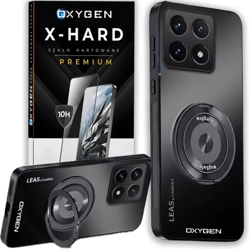 Etui na telefon Xiaomi 17 Czarne Oxygen LeaS MAGSafe  + Szkło Hartowane X-HARD