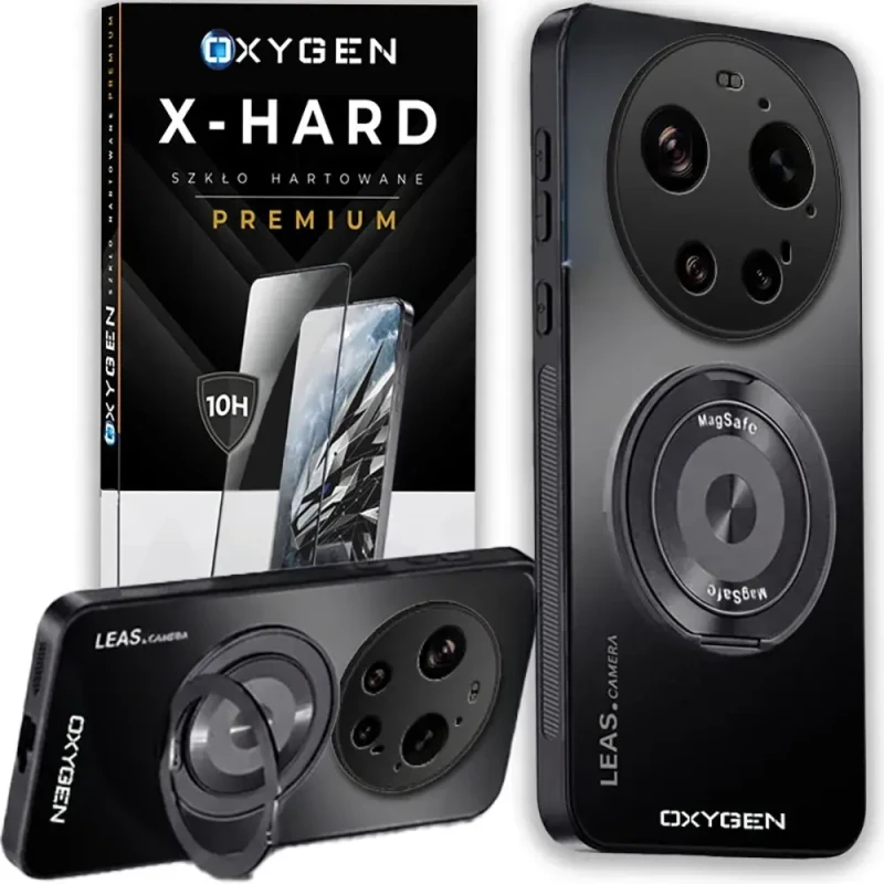 Etui na telefon Xiaomi 17 Ultra Czarne Oxygen LeaS MAGSafe  + Szkło Hartowane X-HARD