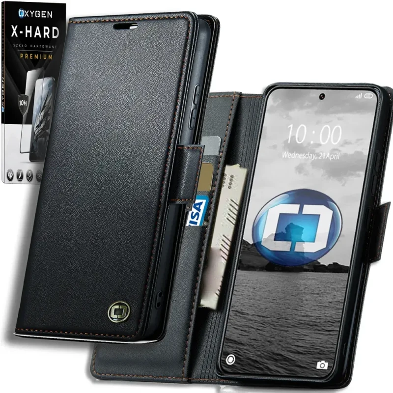 Etui na telefon Xiaomi 17 Ultra Czarne Oxygen BooK Skórzane + Szkło Hartowane X-HARD