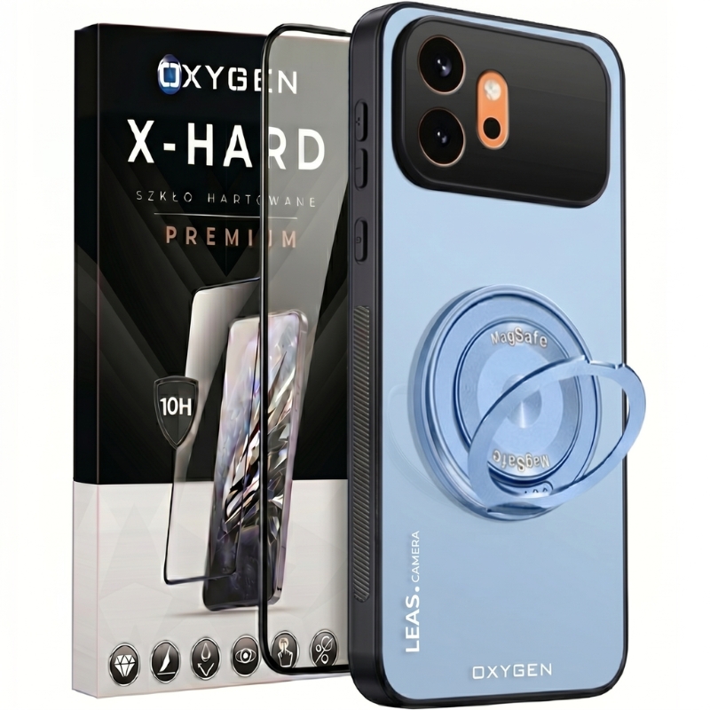 Etui na telefon Honor 600 Niebieskie Oxygen LeaS MAGSafe  + Szkło Hartowane X-HARD