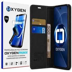 Etui na telefon Honor 600 Czarne Oxygen BooK + Super Folia