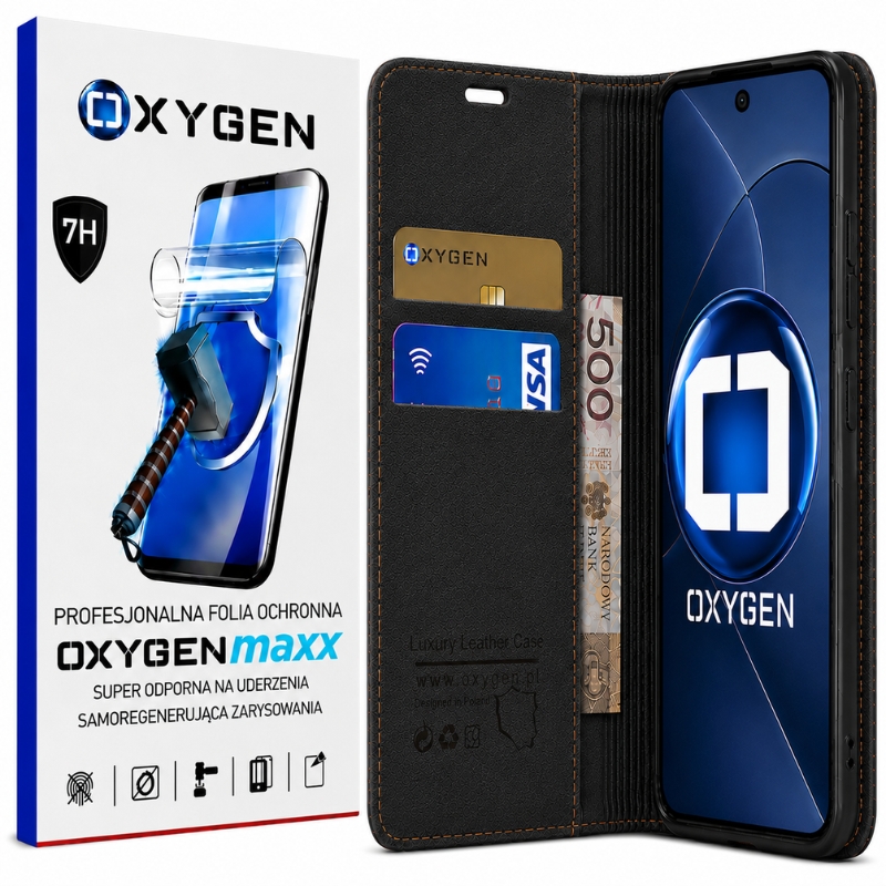 Etui na telefon Honor 600 Czarne Oxygen BooK + Super Folia