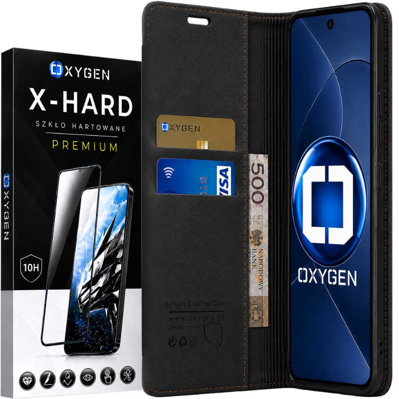 Etui na telefon Honor 600 Lite Czarne Oxygen BooK + Szkło Hartowane X-HARD