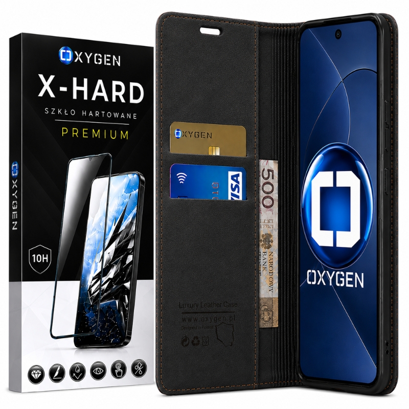 Etui na telefon Honor 600 Pro Czarne Oxygen BooK + Szkło Hartowane X-HARD