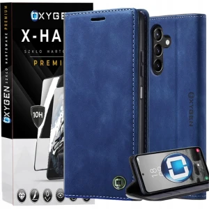 Etui na telefon Samsung Galaxy A18 Niebieskie Oxygen BooK + Szkło Hartowane X-HARD